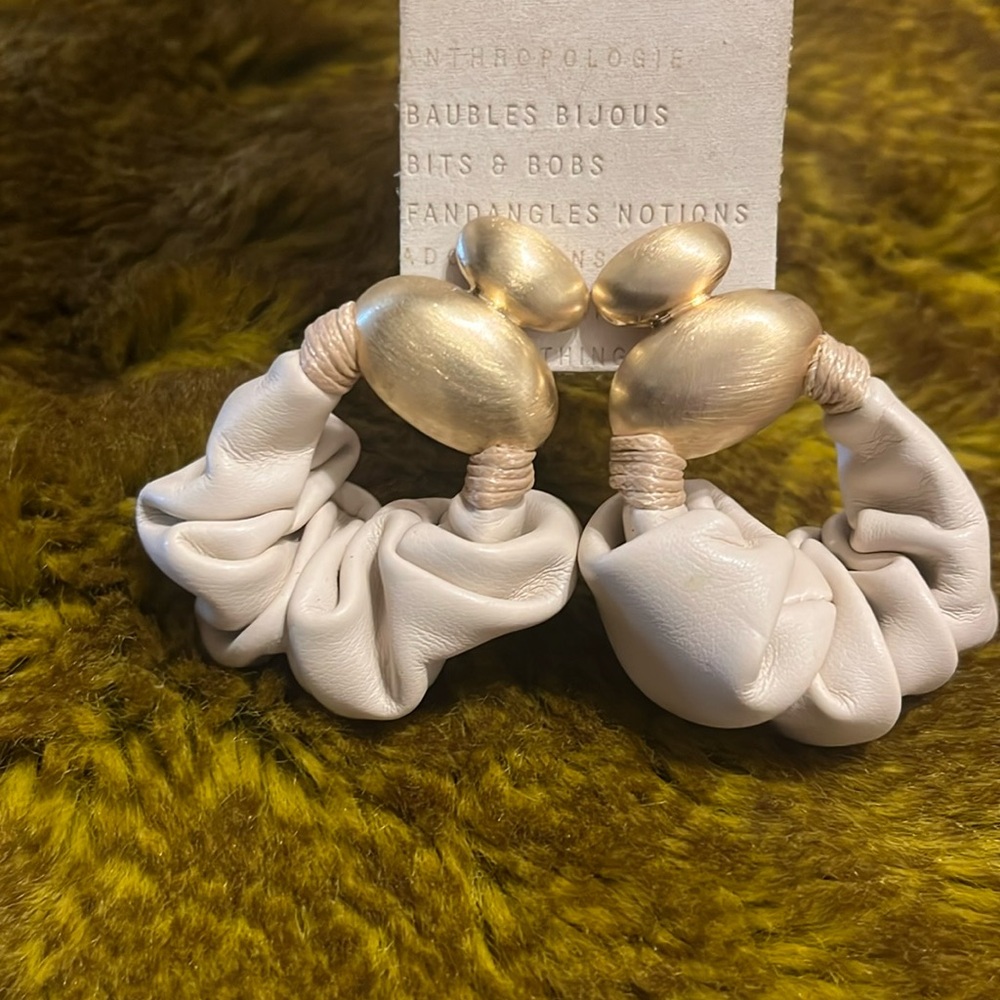 Anthropologie Ruched Leather Sculptual Leather metal drop earrings